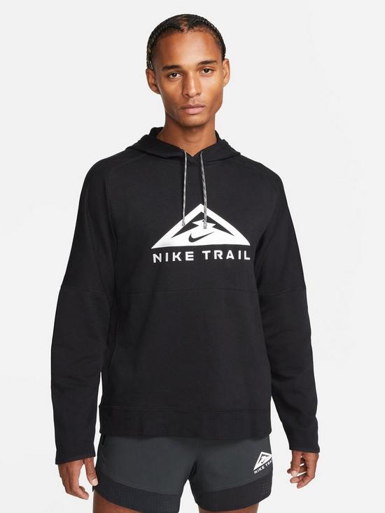 front image of nike-run-trail-logo-pullover-hoodie-black