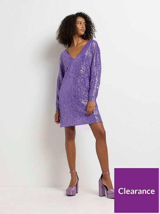 front image of river-island-batwing-sequin-t-shirt-dress-purple