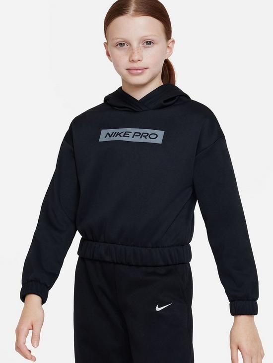 front image of nike-older-girlsnbsppro-therma-fit-overhead-hoodie-blacknbsp