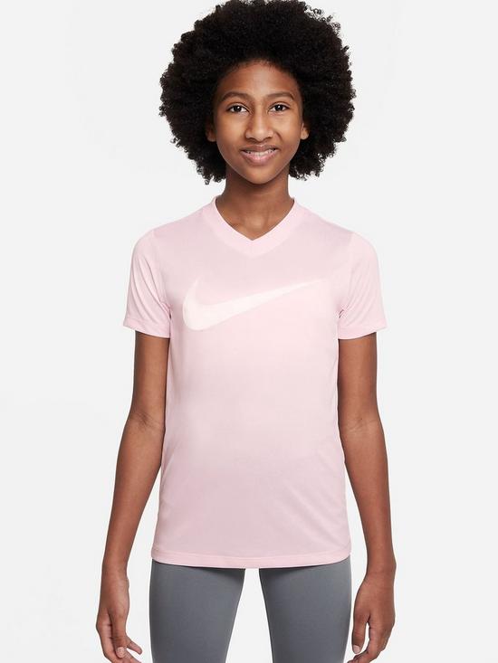 front image of nike-older-girls-legend-swoosh-t-shirt-pink