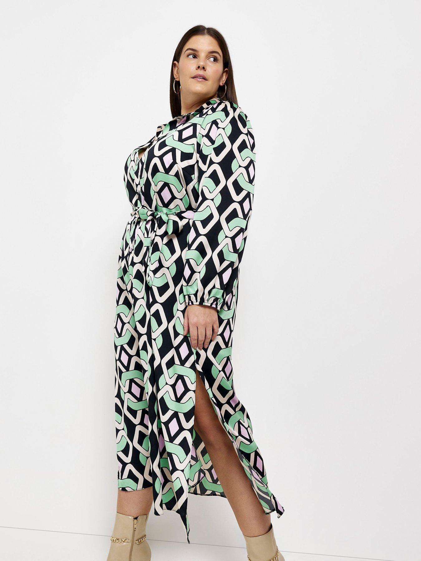  image of ri-plus-plusnbspprint-satin-midi-shirt-dress--nbspgreen