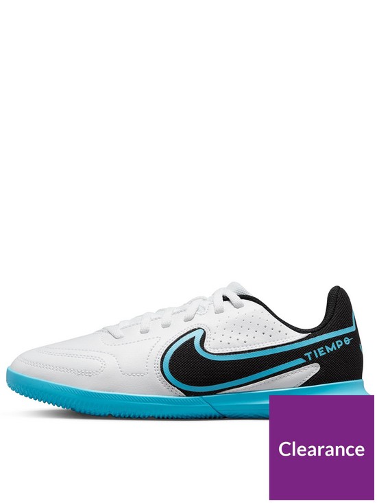 front image of nike-junior-tiempo-legend-9-club-astro-turf-football-boots-white-baltic-blue