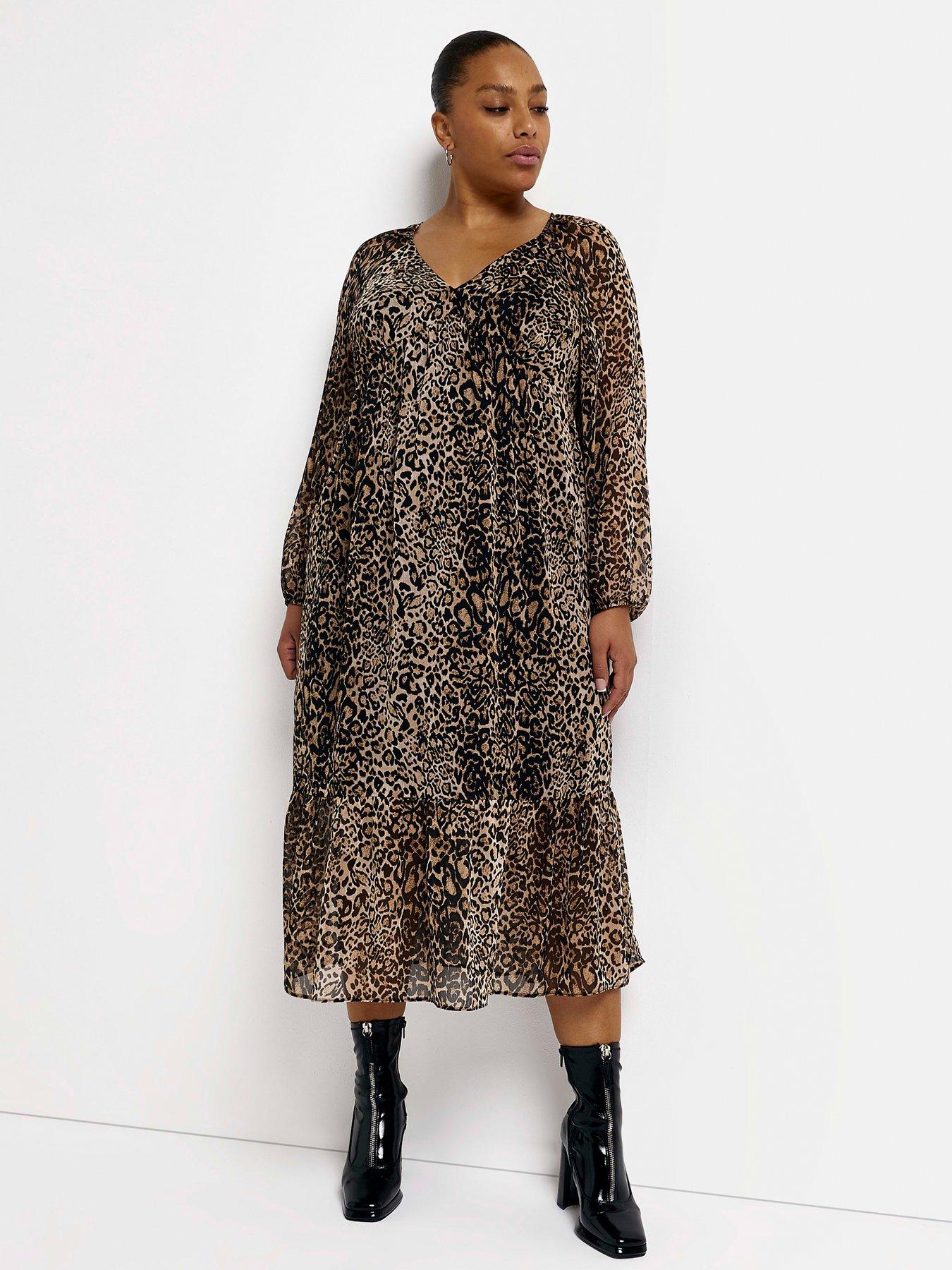 front image of ri-plus-plus-tier-lined-smock-midi-dress-brown