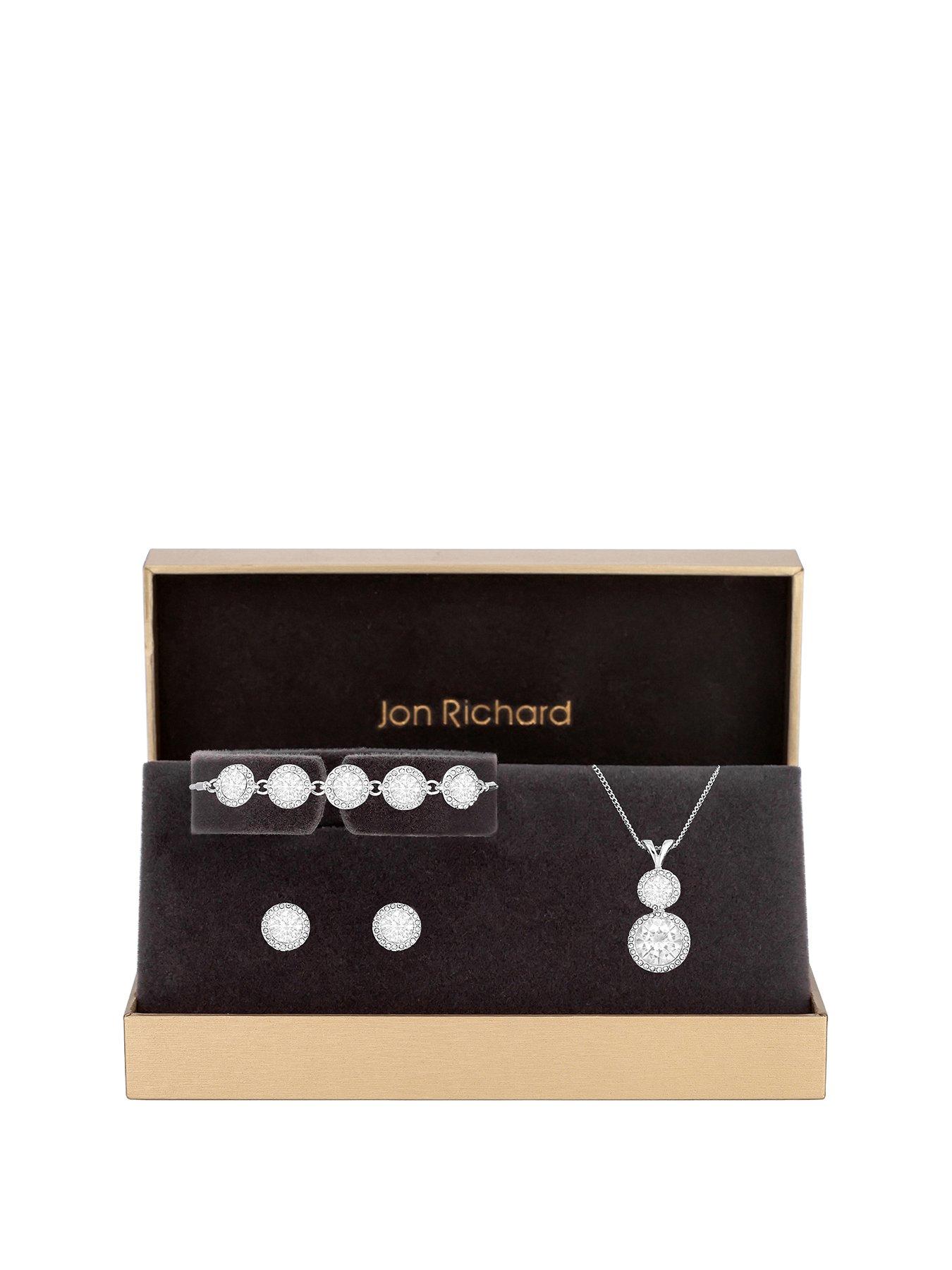 Jon Richard Silver Plated Crystal Halo Double Solitaire Trio Set - Gift Boxed
