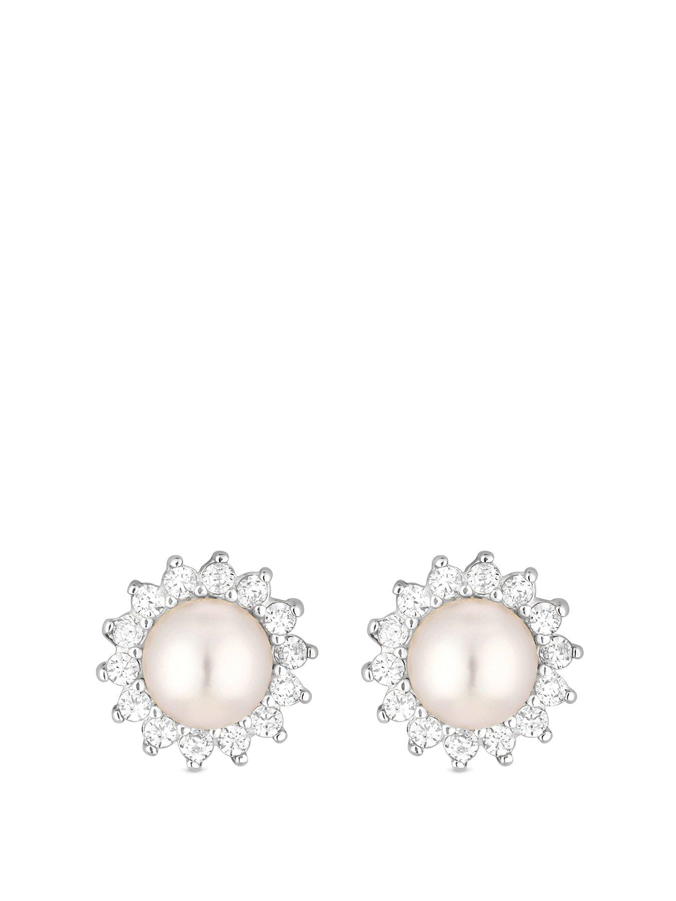 undefined Sterling Silver 925 Freshwater Pearl And Cubic Zirconia Halo Stud Earrings