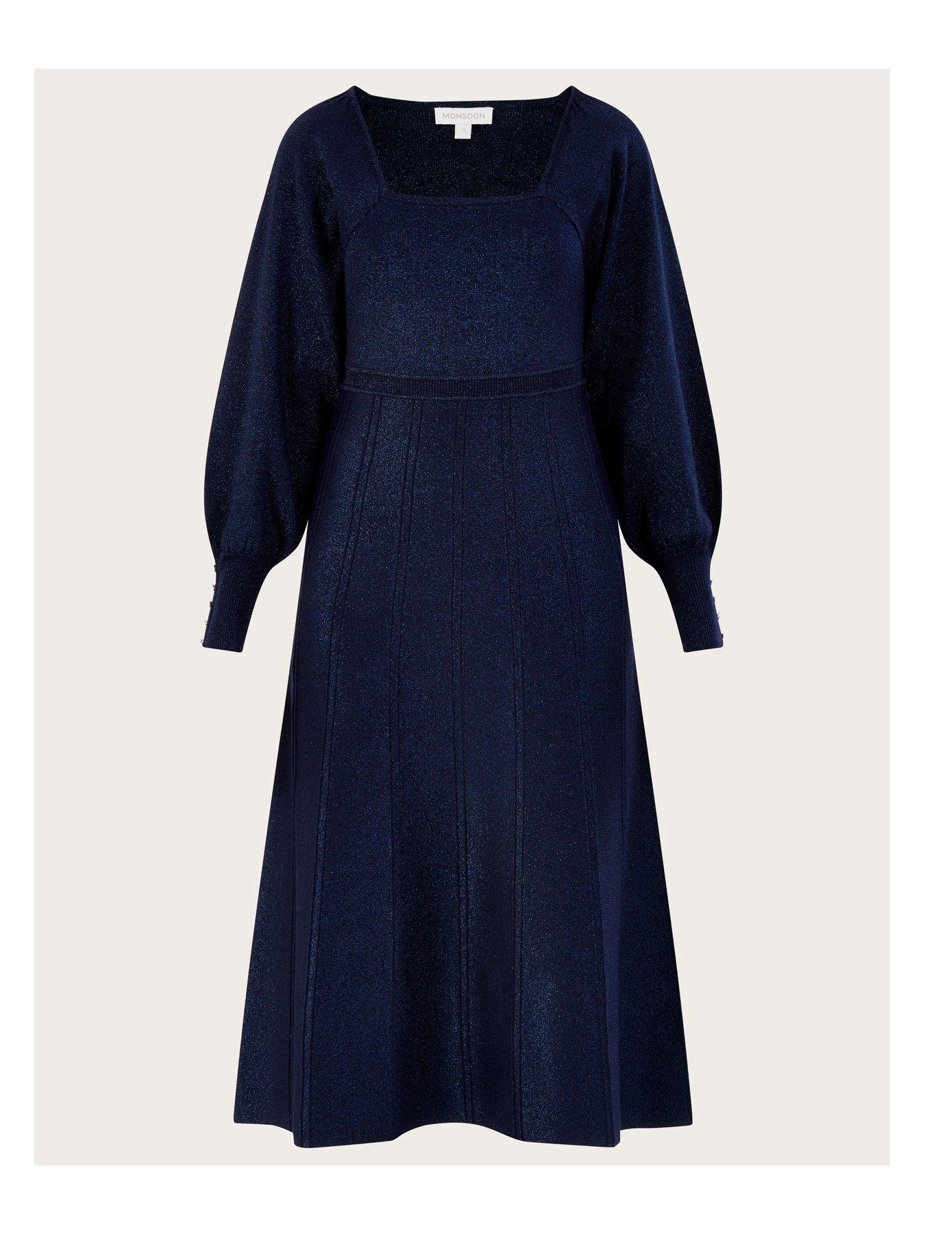  image of monsoon-lurex-square-neck-pleated-midi-dress-navy