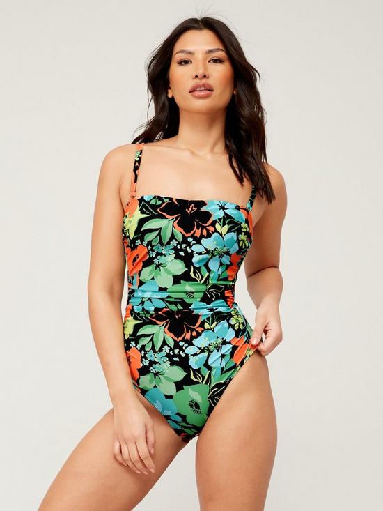 front image of v-by-very-shape-enhancing-bandeau-ruched-detachable-strap-swimsuit-dark-floral