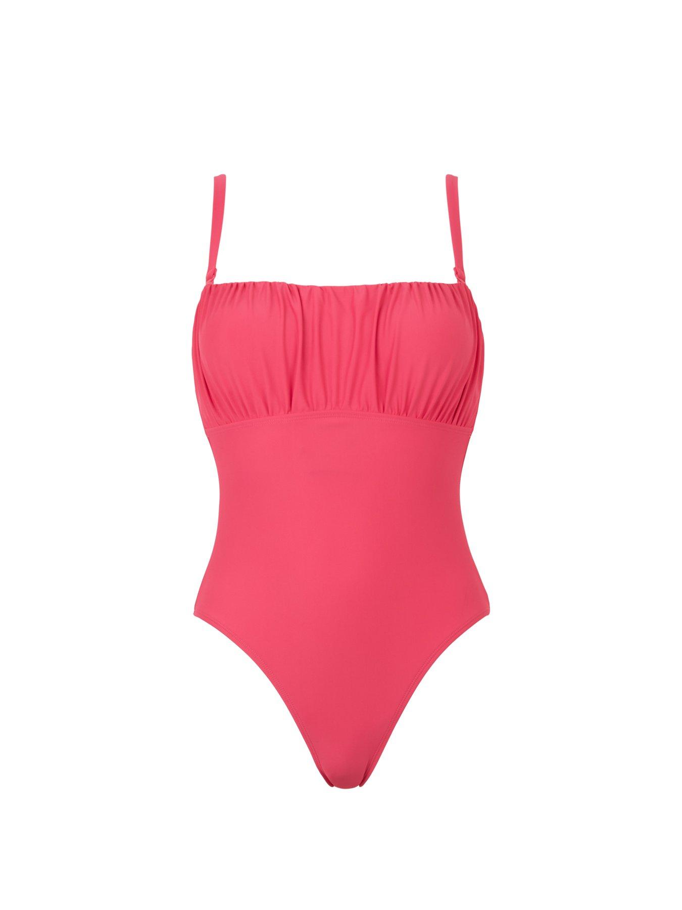  image of lucy-mecklenburgh-ruched-bust-detachable-strap-swimsuit-dark-pink