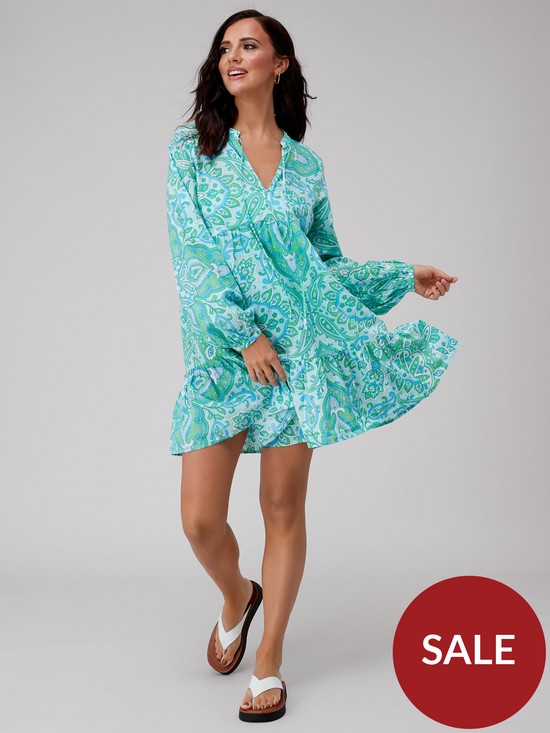 front image of lucy-mecklenburgh-long-sleeve-printed-beach-shirt-mini-dress-multi
