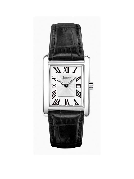 front image of accurist-rectangle-womens-black-leather-strap-analogue-watch