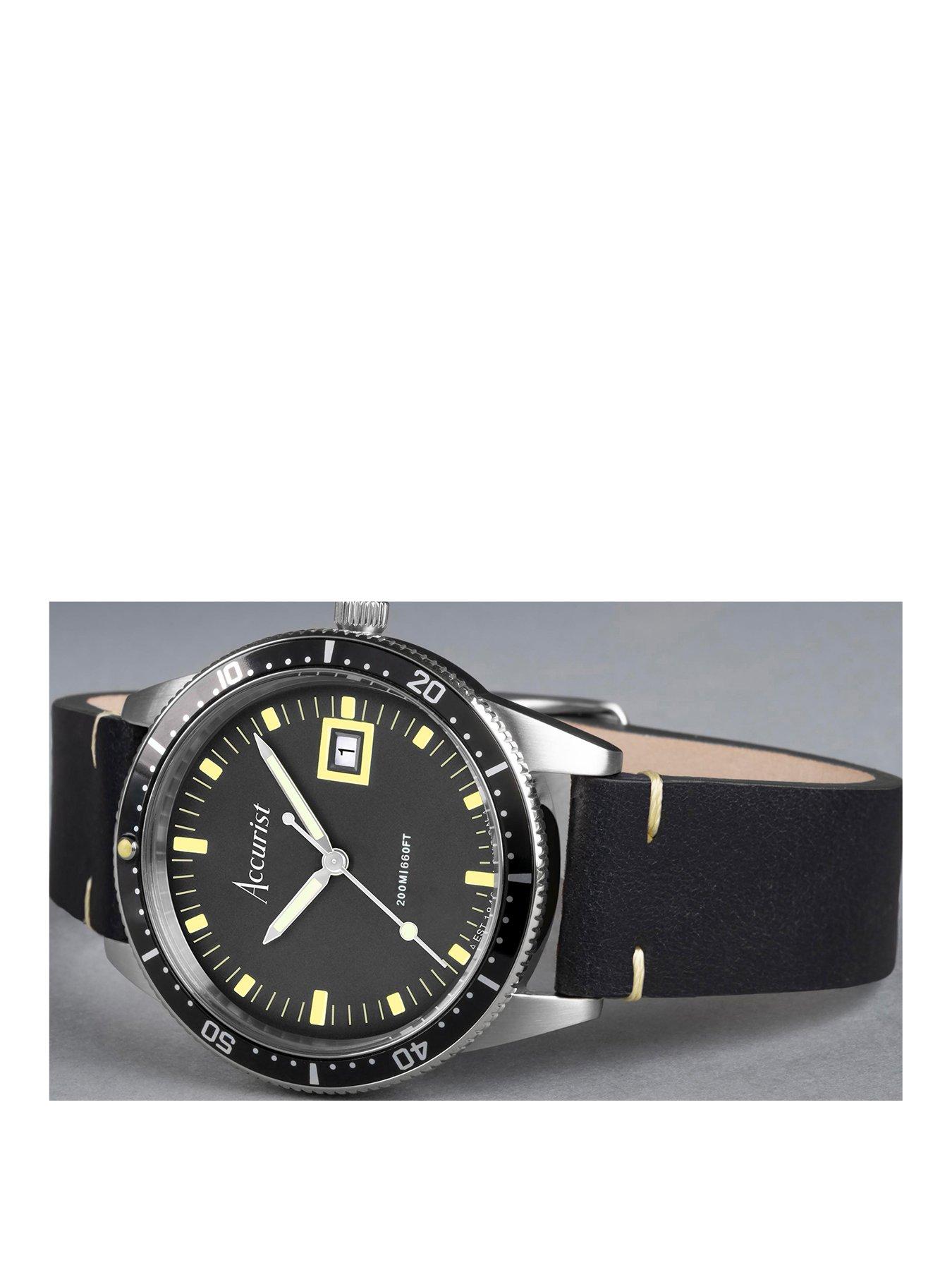  image of accurist-dive-mens-black-leather-strap-analogue-watch
