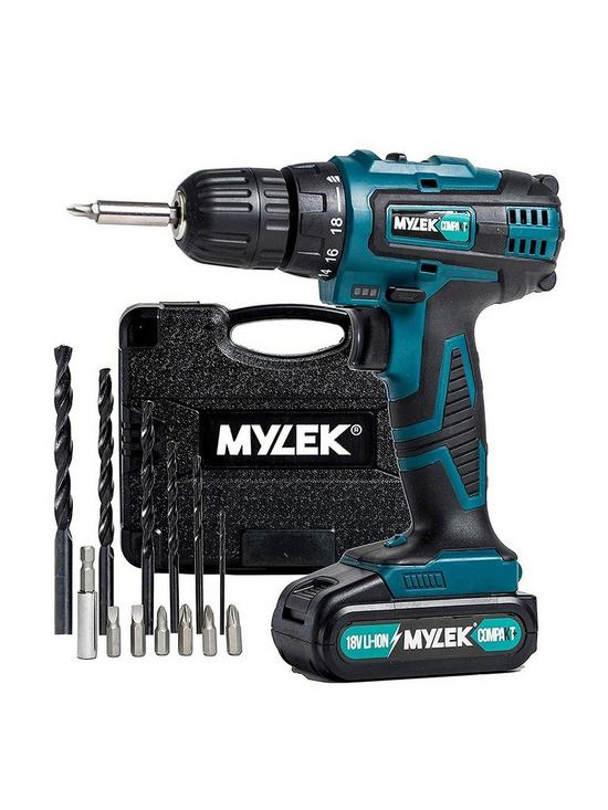 front image of mylek-18v-cordless-drill-driver-2-speed-with-carry-case