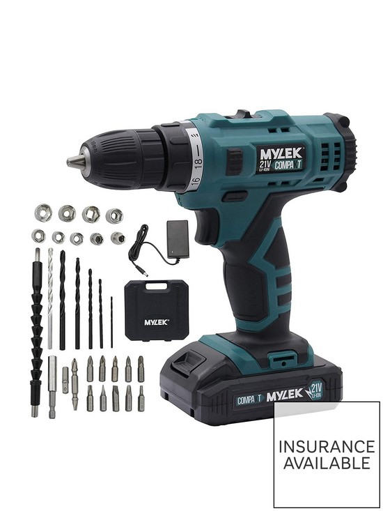 front image of mylek-21v-cordless-drill-with-29-piece-accessory-set-and-carry-case
