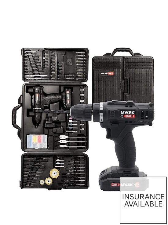 front image of mylek-18v-cordless-drill-electric-driver-set-with-151-piece-accessory-set-and-case