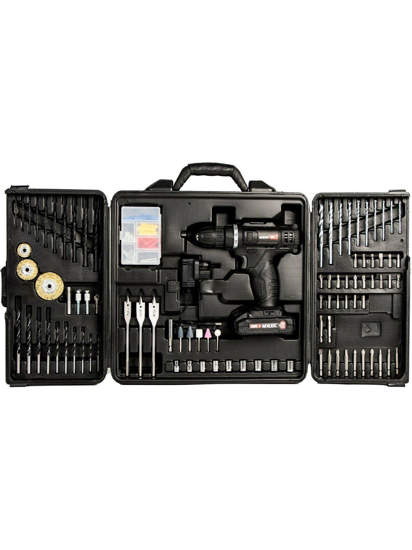  image of mylek-18v-cordless-drill-electric-driver-set-with-151-piece-accessory-set-and-case