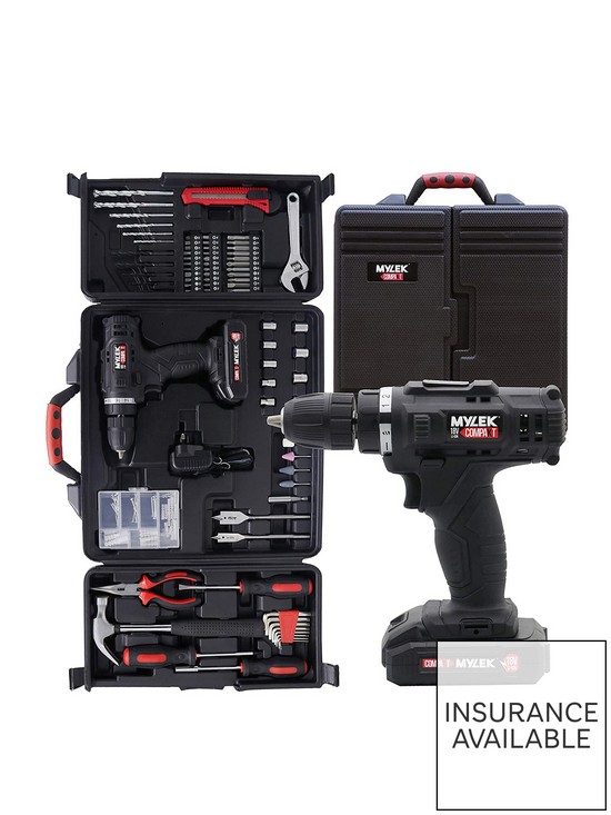 front image of mylek-18v-cordless-drill-with-130-piece-tool-set-and-case