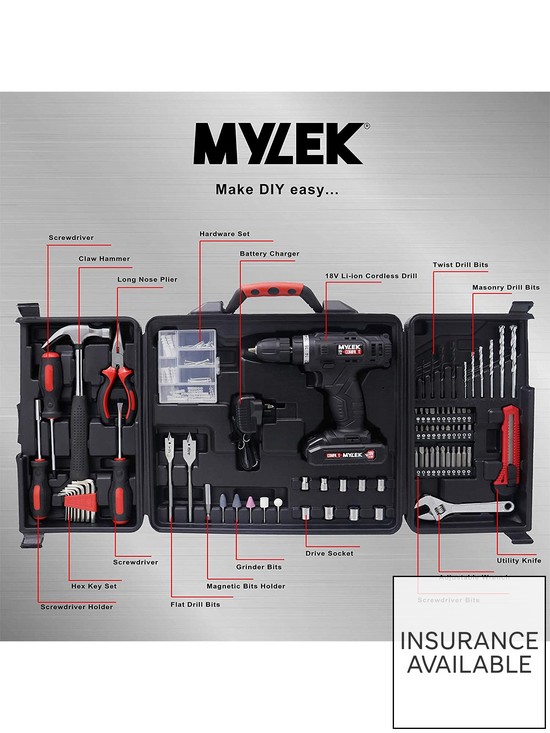 stillFront image of mylek-18v-cordless-drill-with-130-piece-tool-set-and-case