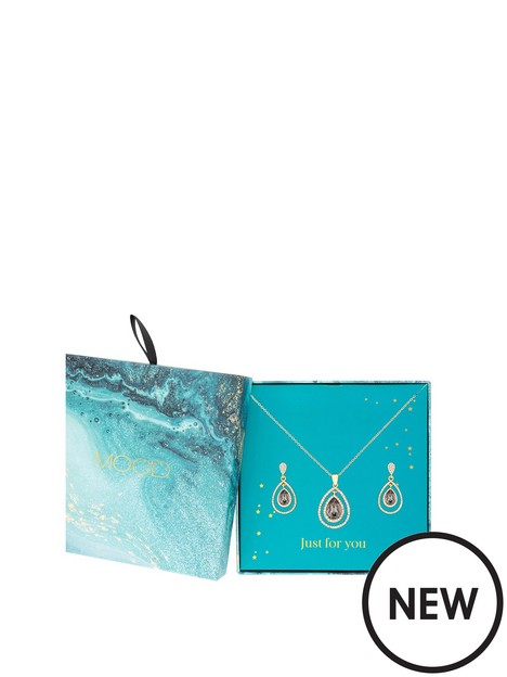 mood-mood-gold-black-diamond-peardrop-halo-pendant-and-earring-set-gift-boxed