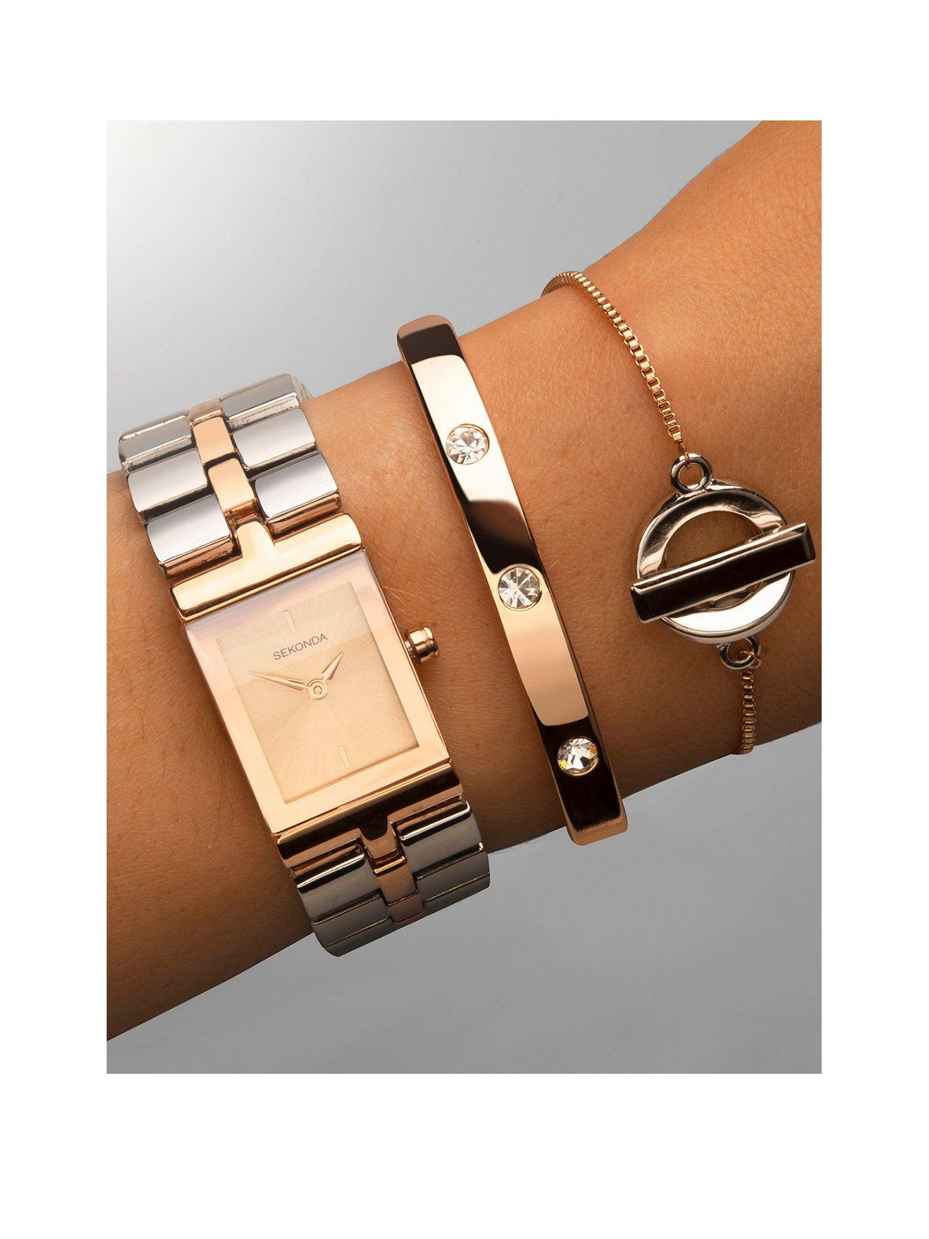 undefined Ladies Two Tone Bracelet Watch with Rose Dial Gift Set