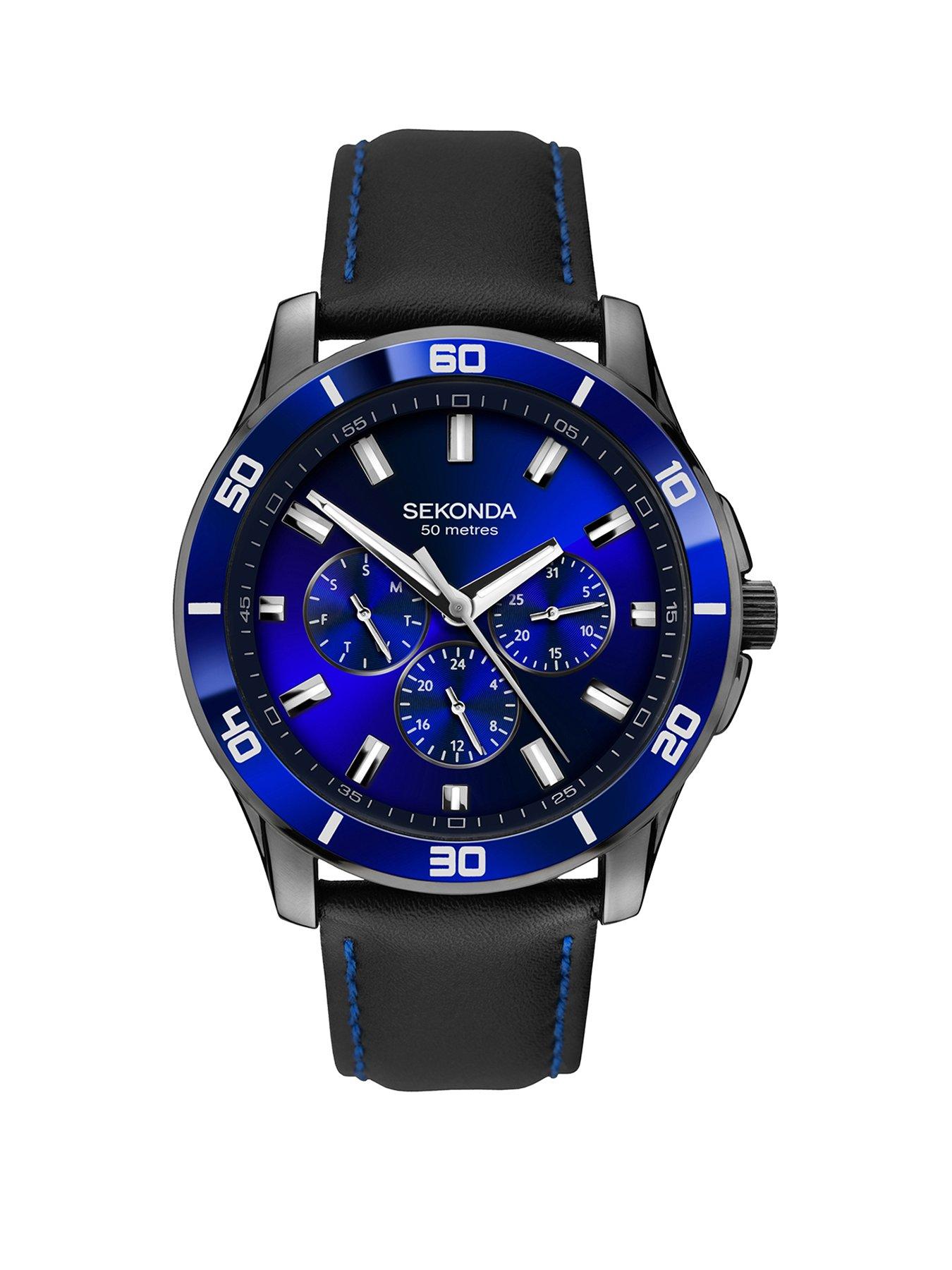 undefined Men's Midnight Black Leather Upper Strap with Dark Blue Dial Watch