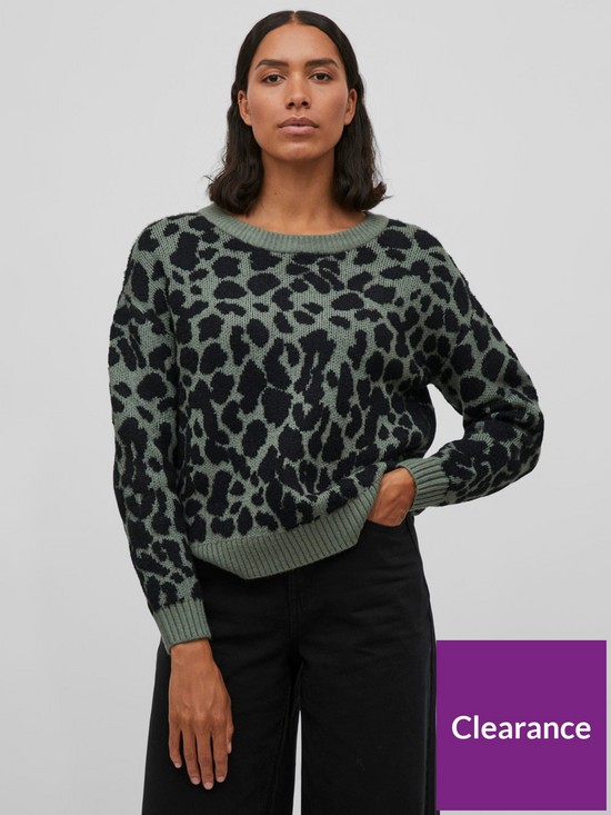 front image of vila-leopard-print-knitted-jumper-greenblack