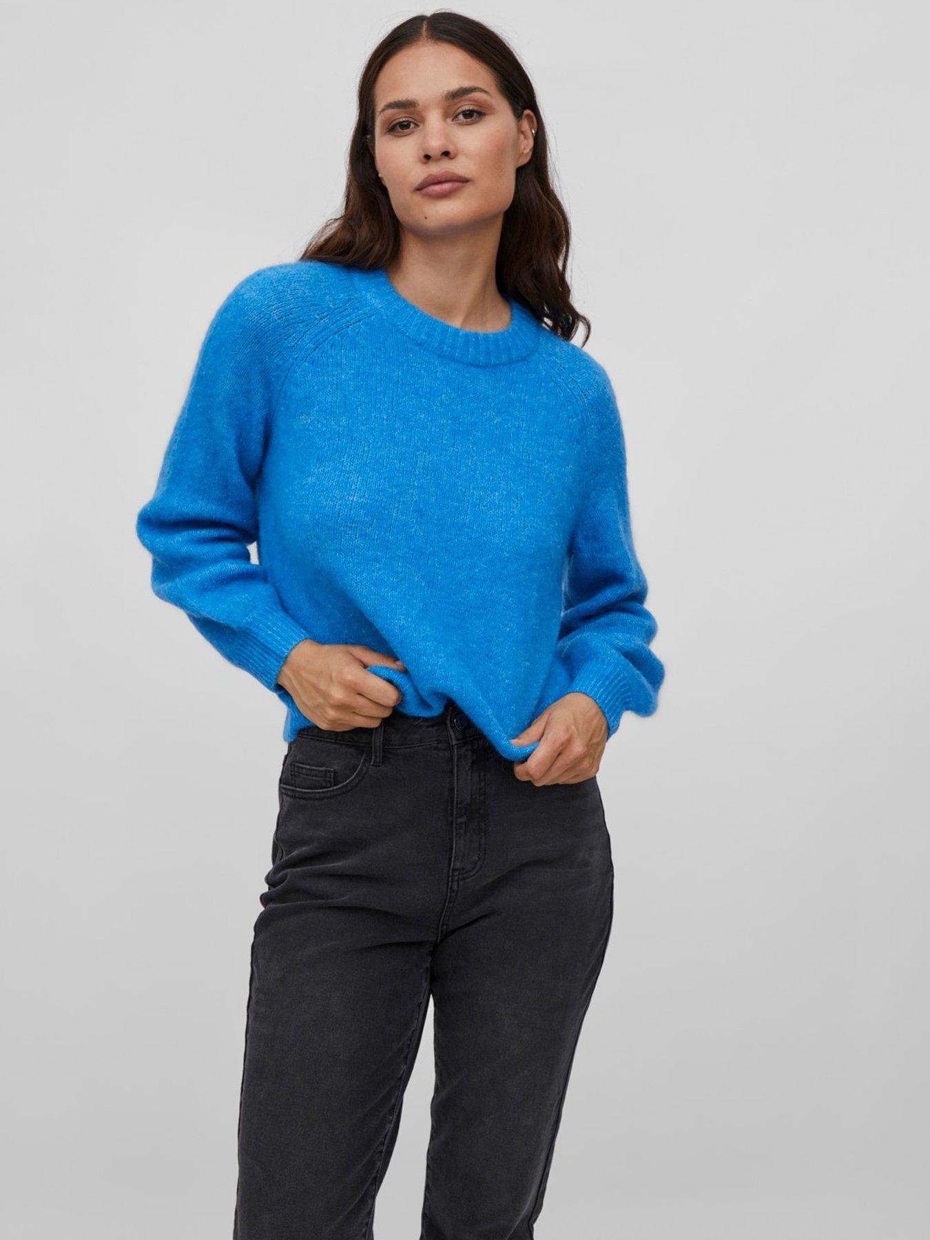 front image of vila-jamina-knitted-jumper-blue