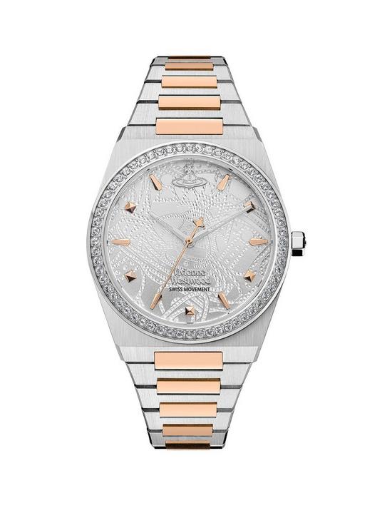 front image of vivienne-westwood-charterhouse-ladies-quartz-watch-with-silver-dial-stainless-steel-two-tone-bracelet