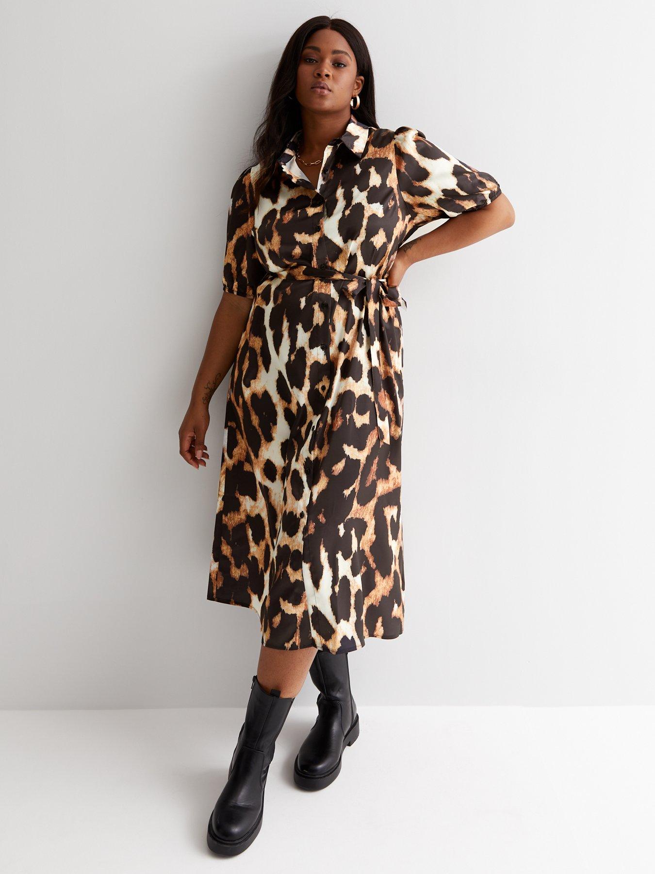 New Look Curves Brown Leopard Print Short Puff Sleeve Midi Shirt