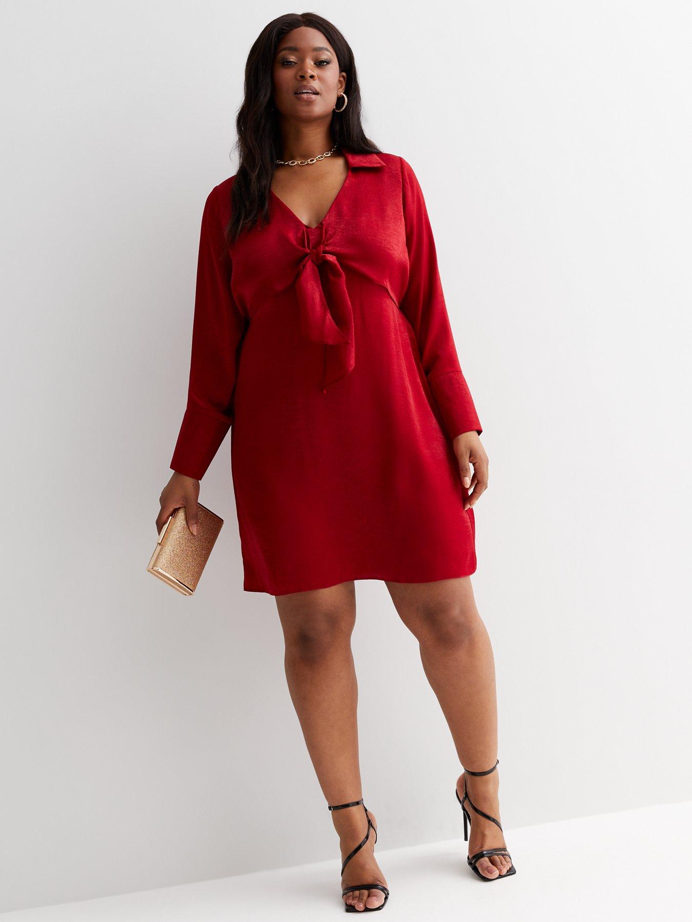 New Look Curves Velvet Satin-Like Long Sleeve Tie Front Mini Dress -  Burgundy