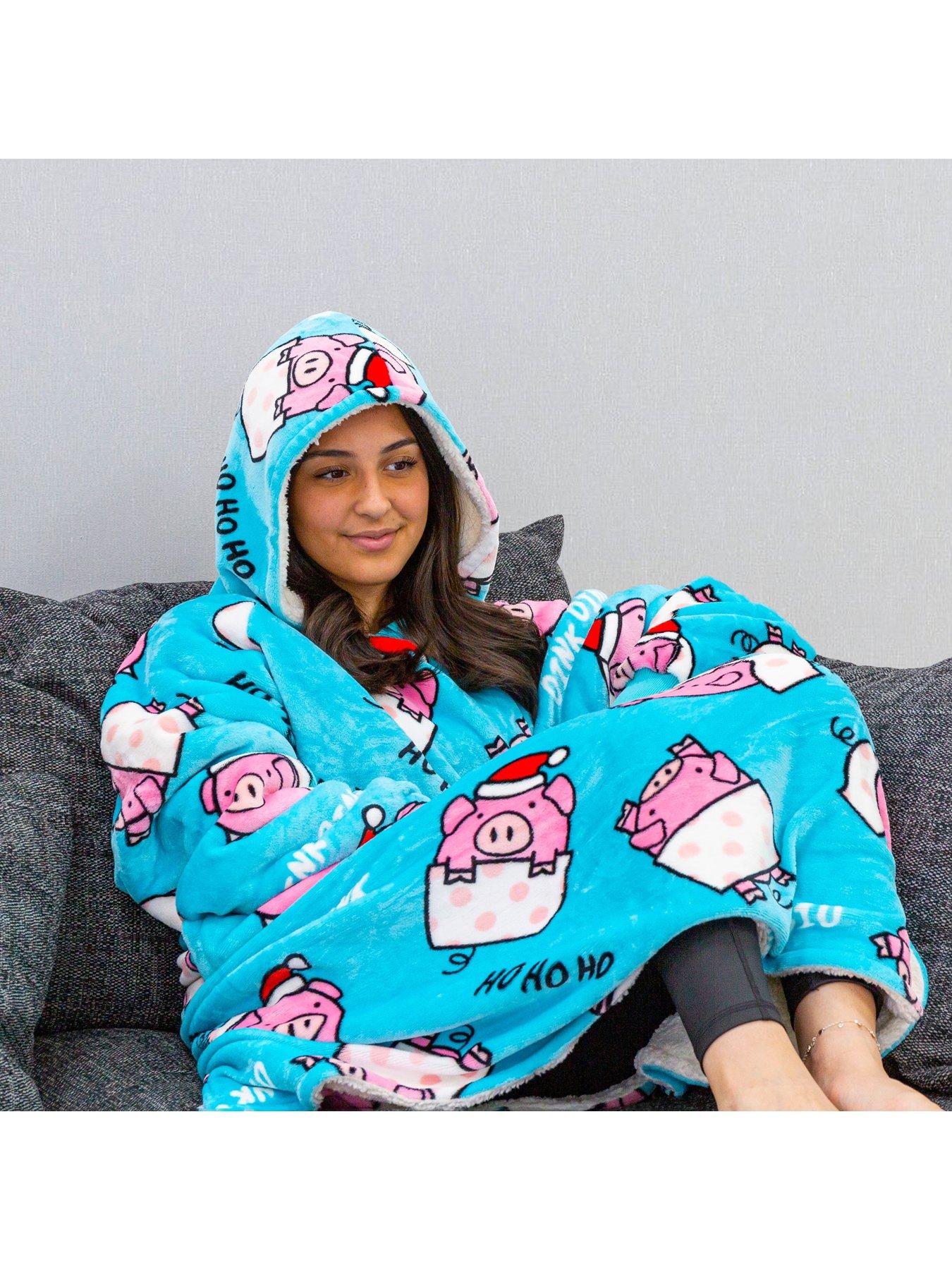 Christmas Pigs in Blankets Hugzee Wearable Fleece Hoodie Large Multi