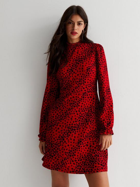 front image of new-look-red-abstract-print-crinkle-jersey-high-neck-mini-dress