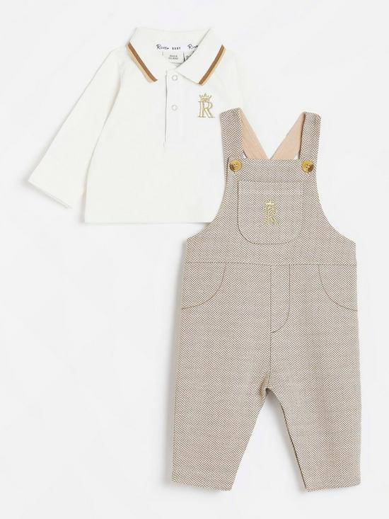front image of river-island-baby-baby-boys-dungaree-set-beige