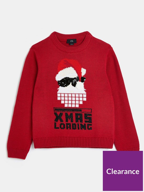 front image of river-island-boys-novelty-christmas-graphic-jumper-red