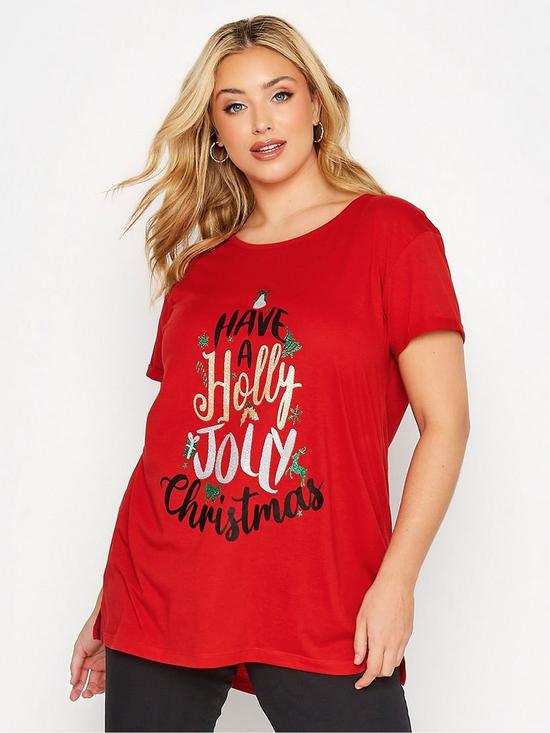 front image of yours-short-sleeve-novelty-holly-jolly-christmas-red