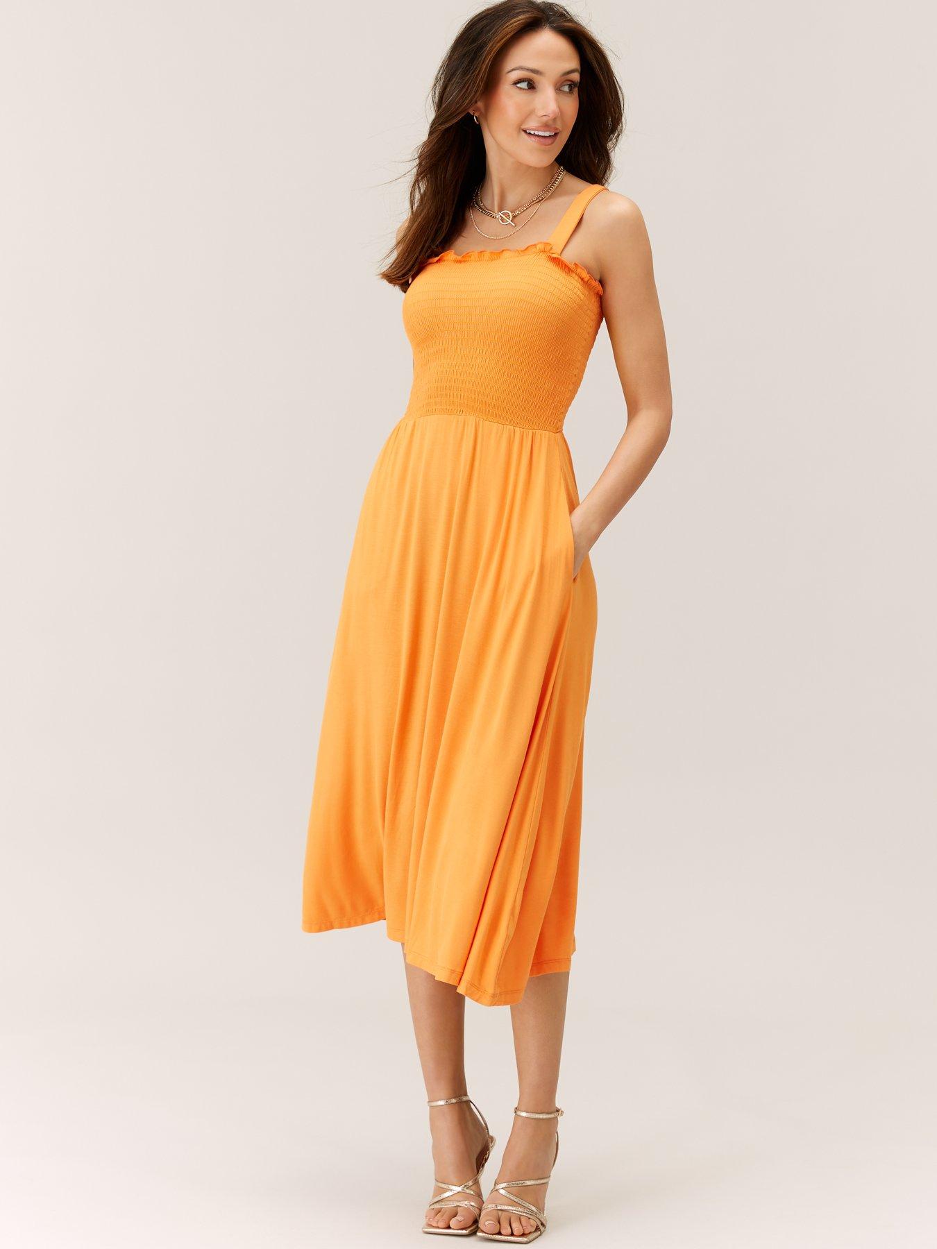 Shirred Bodice Jersey Midi Dress Orange