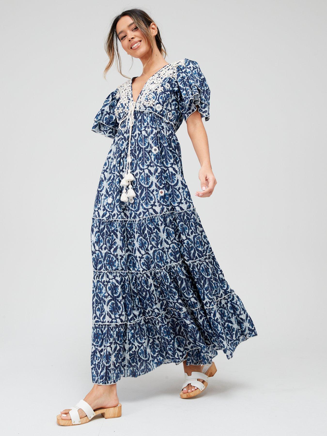 V by Very Printed Lurex Tassel Maxi Dress Blue littlewoods