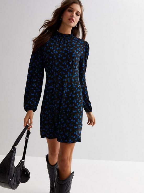 front image of new-look-blue-spot-floral-shirred-neck-long-sleeve-mini-dress