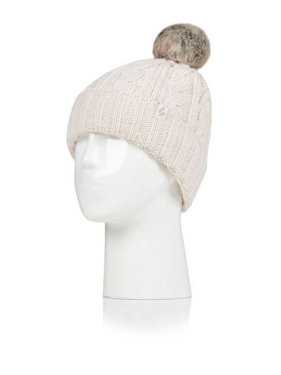 front image of heat-holders-maine-cable-turnover-cuff-pom-pom-hat-cream