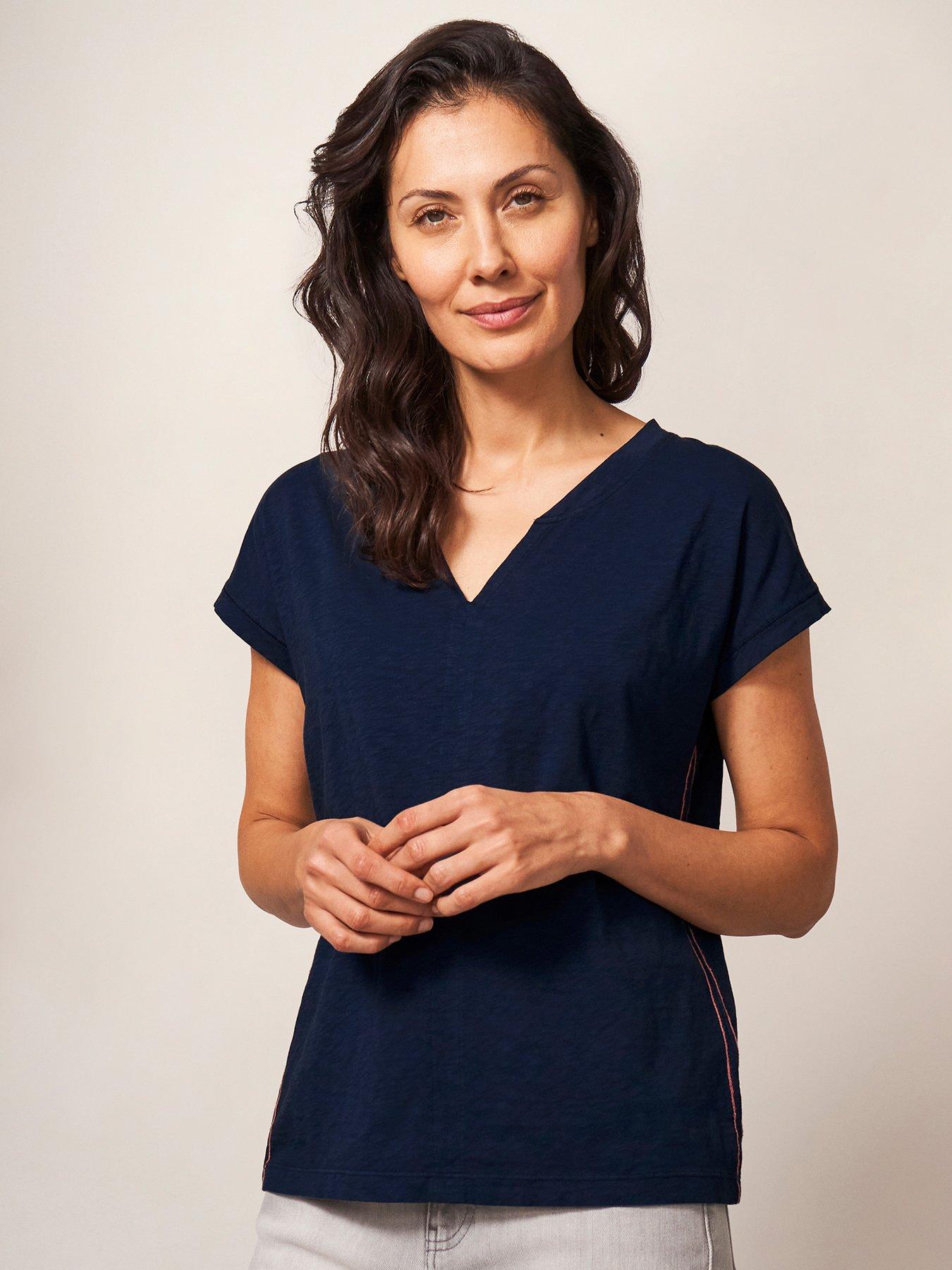 Image 1 of 6 of White Stuff Nelly Notch Neck Tee - Dark Navy