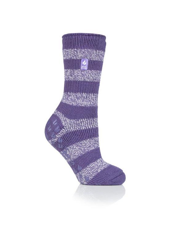 front image of heat-holders-seville-core-stripe-slipper-socks-purplewhite