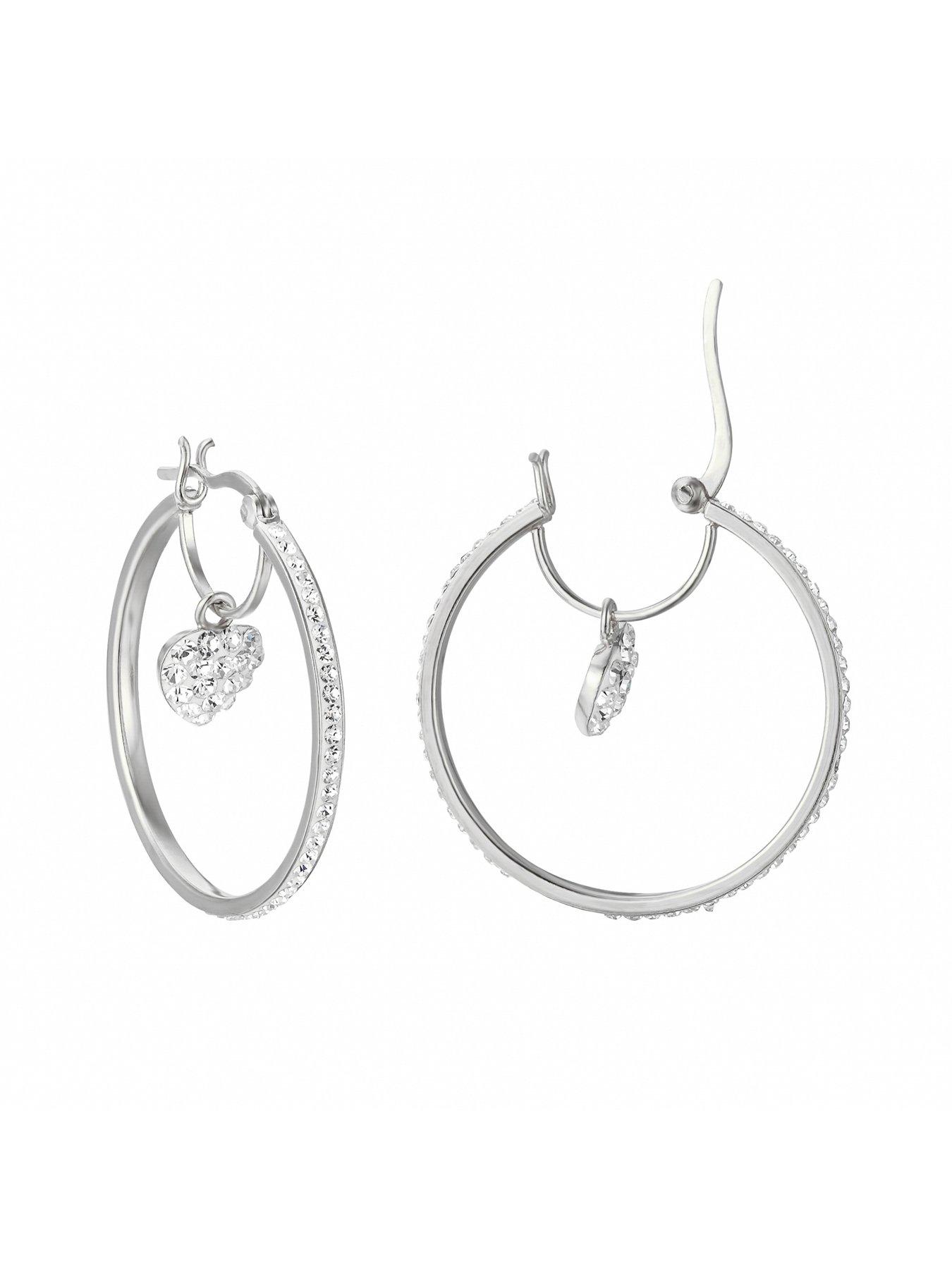  image of the-love-collection-sterling-silver-30mm-crystal-heart-charm-hoop-earrings