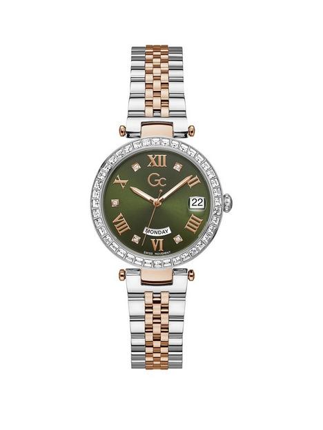 gc-swiss-movement-polished-silver-amp-rose-gold-pvd-case-wcrystals-amp-bracelet-green-dial-day-date-oslash-34mm-sapphire-coated-mineral-glass