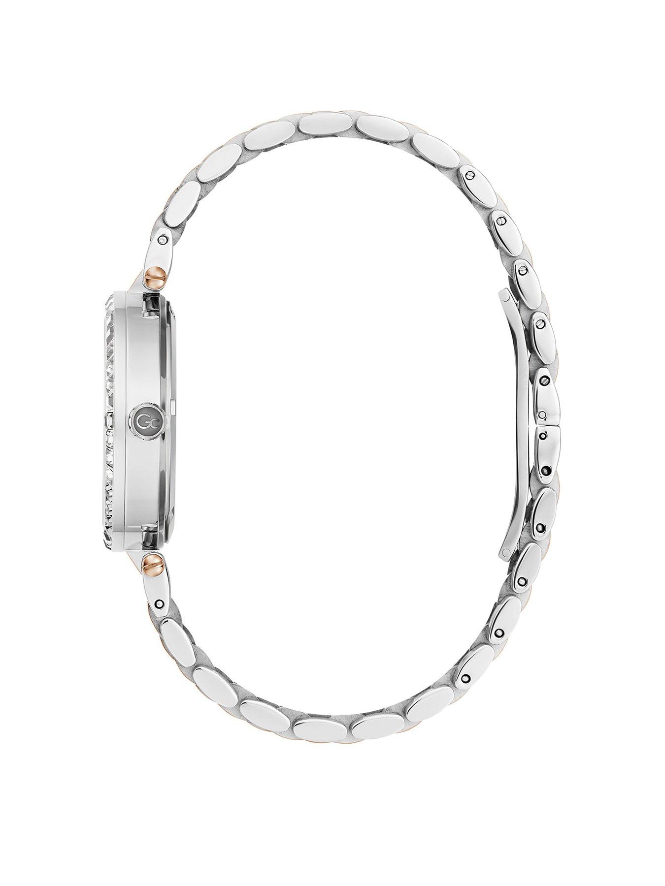  image of gc-swiss-movement-polished-silver-amp-rose-gold-pvd-case-wcrystals-amp-bracelet-green-dial-day-date-oslash-34mm-sapphire-coated-mineral-glass