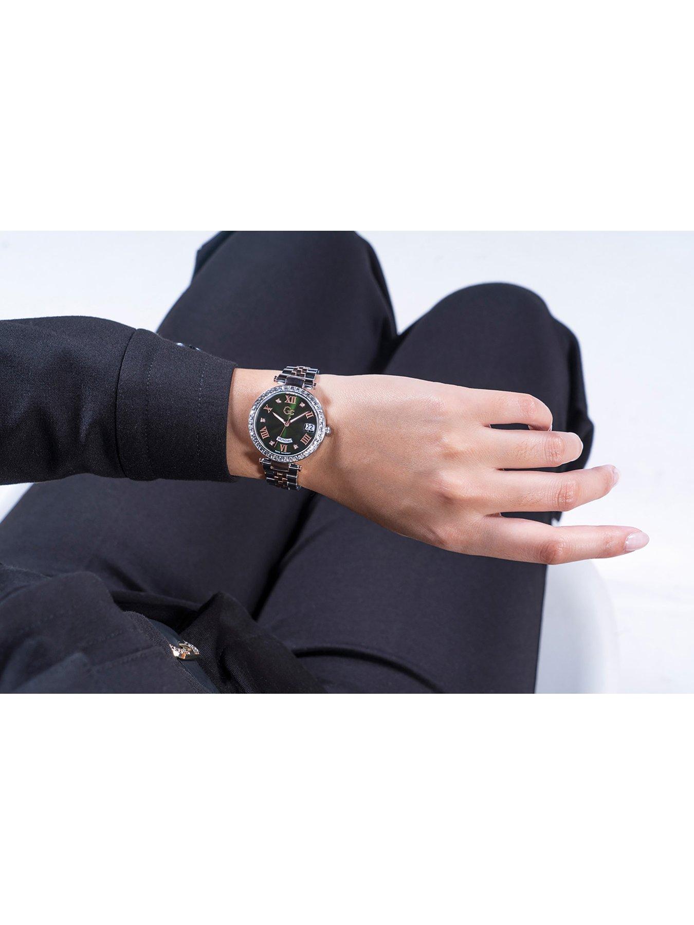  image of gc-swiss-movement-polished-silver-amp-rose-gold-pvd-case-wcrystals-amp-bracelet-green-dial-day-date-oslash-34mm-sapphire-coated-mineral-glass