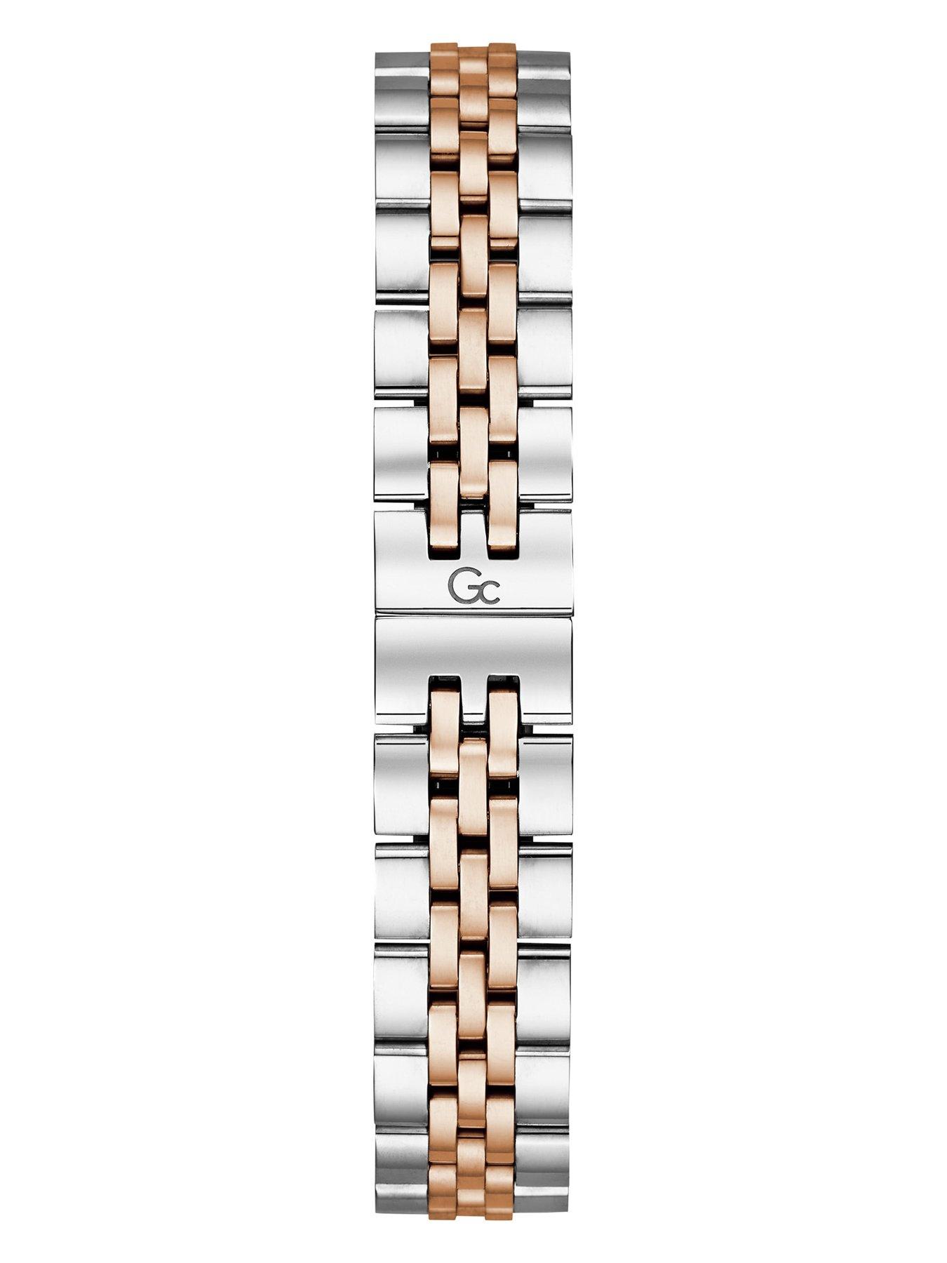  image of gc-swiss-movement-polished-silver-amp-rose-gold-pvd-case-wcrystals-amp-bracelet-green-dial-day-date-oslash-34mm-sapphire-coated-mineral-glass