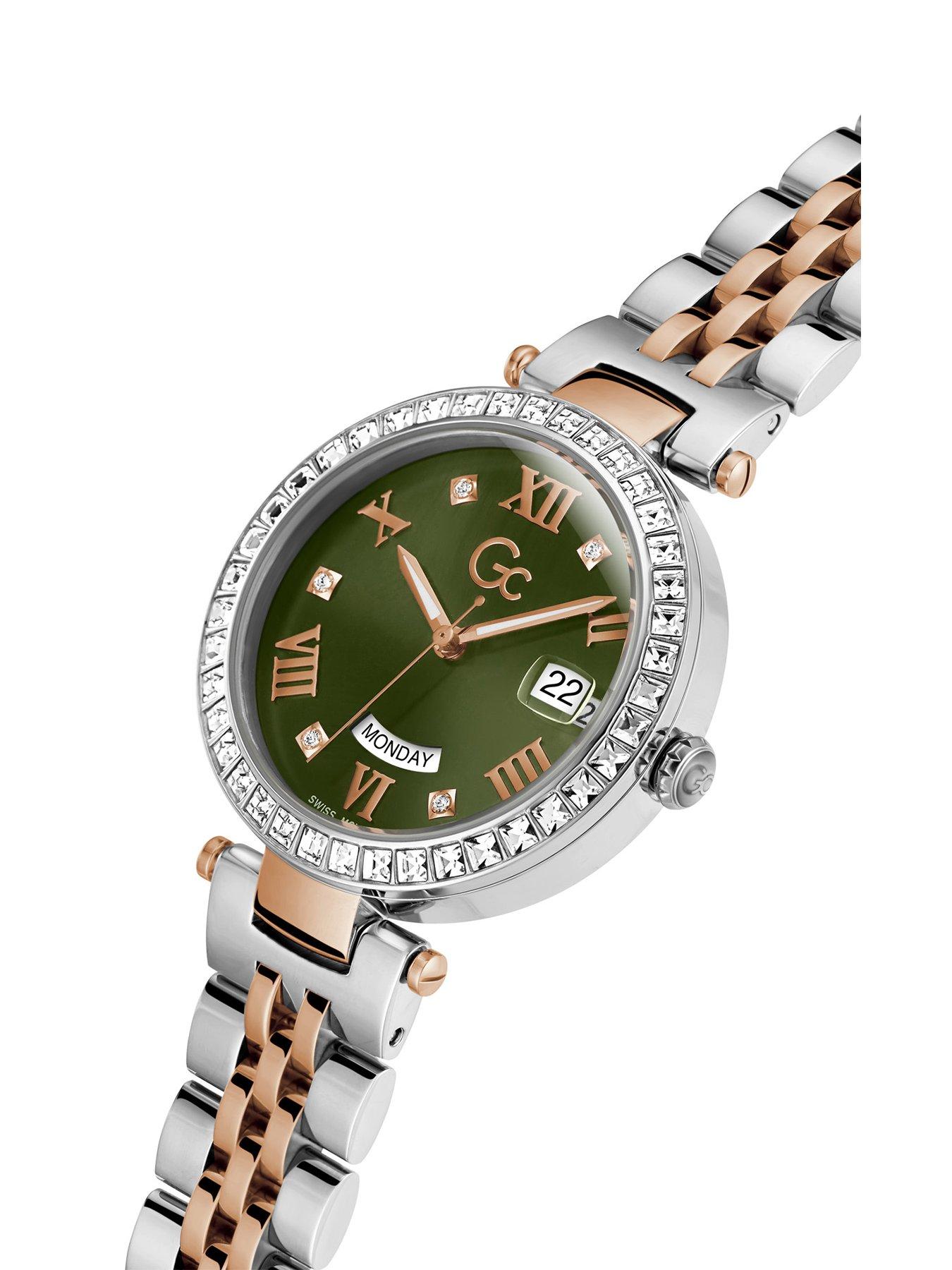  image of gc-swiss-movement-polished-silver-amp-rose-gold-pvd-case-wcrystals-amp-bracelet-green-dial-day-date-oslash-34mm-sapphire-coated-mineral-glass