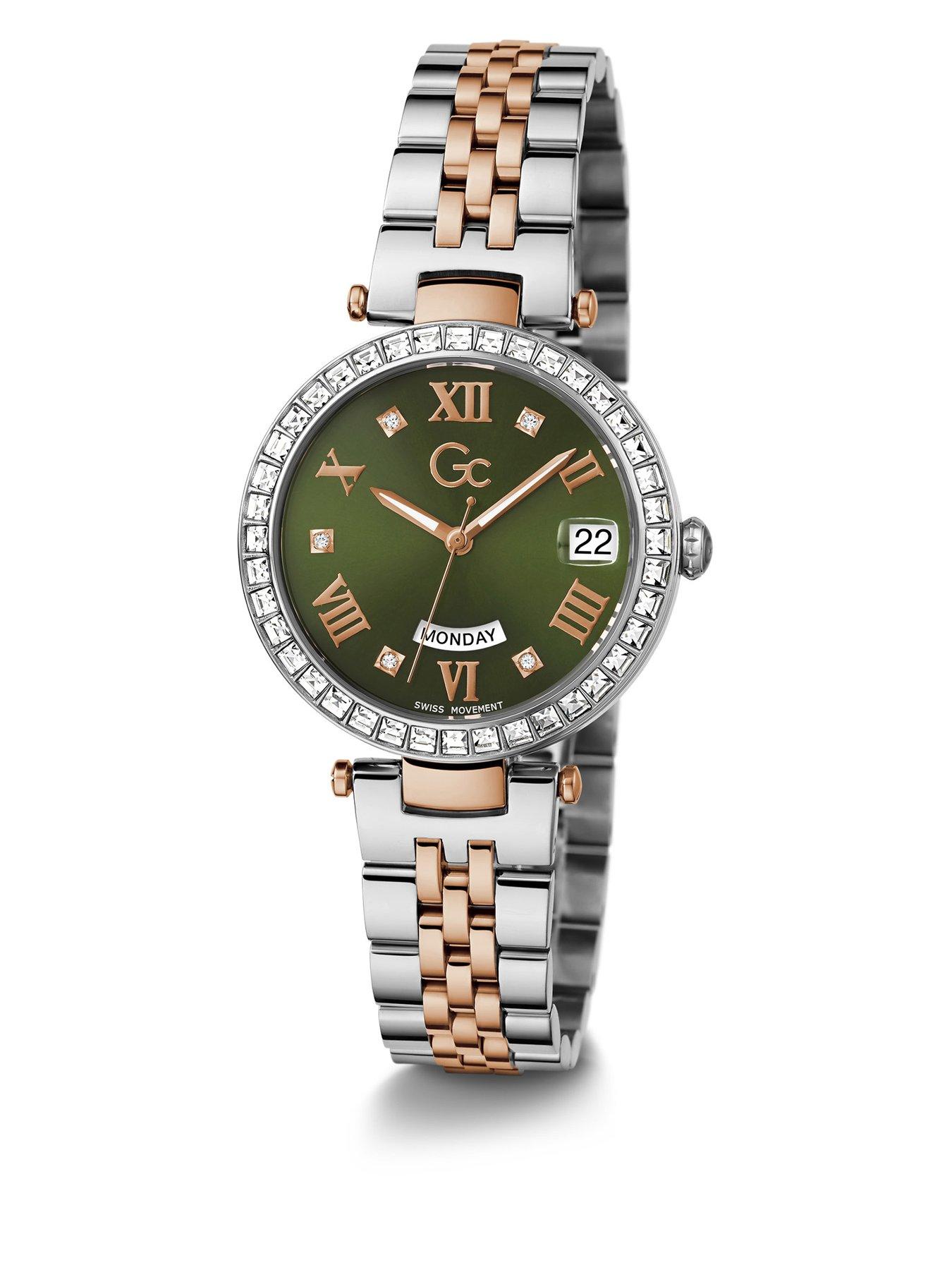  image of gc-swiss-movement-polished-silver-amp-rose-gold-pvd-case-wcrystals-amp-bracelet-green-dial-day-date-oslash-34mm-sapphire-coated-mineral-glass