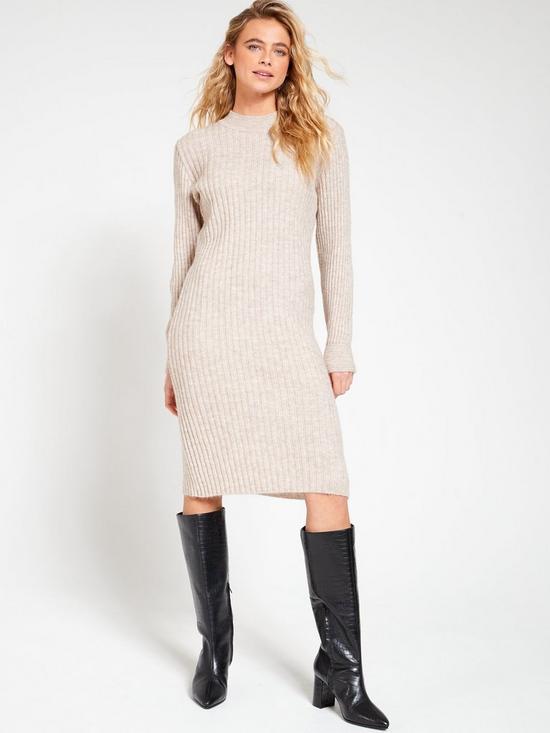 front image of everyday-crew-neck-knitted-jumper-dress-cream
