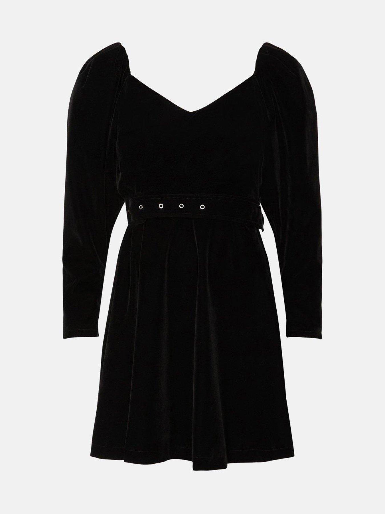 Oasis Puff Sleeve Velvet Belted Skater Dress Black littlewoods