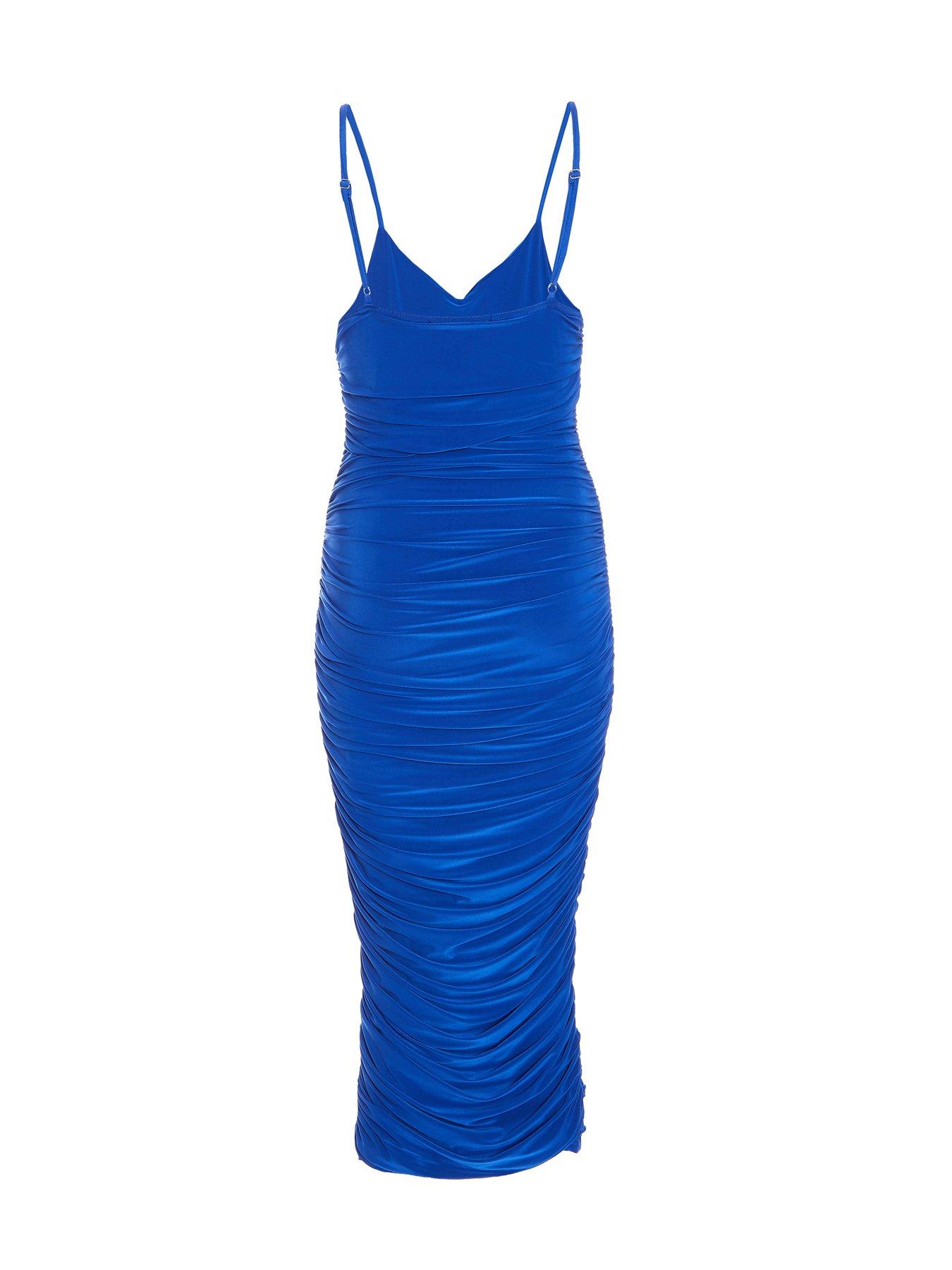 quiz ruched dress Quiz Ruched V Neck Bodycon Midi Dress - Bright Blue